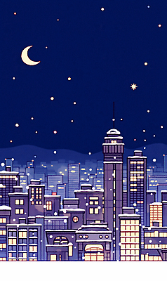 JPG 설경 야경 일러스트 밤하늘 사람없음 건물 도시 초승달 쌓인눈 눈내림 국내일러스트 AI일러스트 AI콘텐츠 건축물 겨울 하늘 눈_날씨 풍경 달 야간 파일형식 풍경_경치