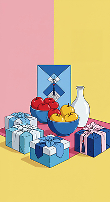 JPG 그릇 명절 분홍색 일러스트 사람없음 선물상자 노란색 추석 보자기 도자기 배 사과 선물세트 국내일러스트 AI일러스트 AI콘텐츠 전통 식기 기념일 컬러 과일 선물 상자 파일형식 천_직물