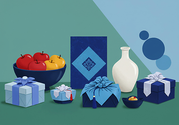 JPG 그릇 명절 일러스트 사람없음 파란색 선물상자 추석 보자기 도자기 배 사과 선물세트 명절선물 국내일러스트 AI일러스트 AI콘텐츠 전통 식기 기념일 컬러 과일 선물 상자 파일형식 천_직물