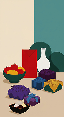 JPG 그릇 명절 일러스트 떡 사람없음 선물상자 추석 보자기 도자기 배 사과 선물세트 베이지색 국내일러스트 AI일러스트 AI콘텐츠 전통 식기 기념일 컬러 과일 선물 상자 파일형식 천_직물