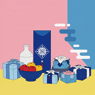 JPG 그릇 명절 분홍색 일러스트 사람없음 파란색 선물상자 추석 보자기 도자기 배 사과 선물세트 국내일러스트 AI일러스트 AI콘텐츠 전통 식기 기념일 컬러 과일 선물 상자 파일형식 천_직물