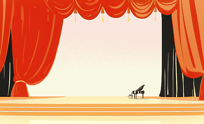 PSD 일러스트 사람없음 빨간색 무대 커튼 그랜드피아노 피아노의자 벨벳 국내일러스트 컬러 의자 피아노 실크 파일형식