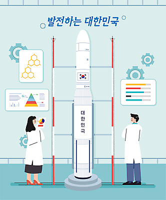 전신 여자 남자 일러스트 그래프 한국 실험 성인 두명 로켓 발전 태극기 연구원 톱니바퀴 우주항공 민트색 원자구조 성인만 국내일러스트 AI파일 직업 아시아 컬러 컨셉 사람 우주 국기 원자 파일형식 벡터