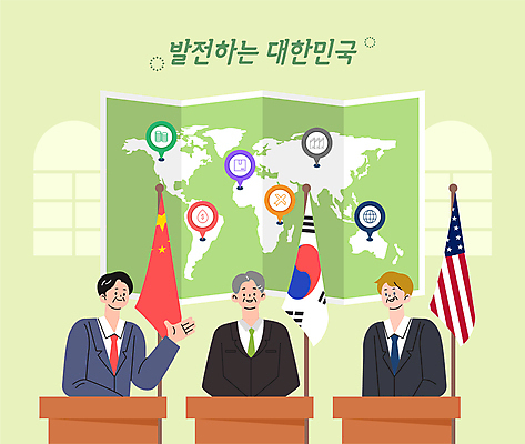 남자 중년 세계지도 일러스트 한국 상반신 세명 초록색 손들기 발전 성조기 태극기 오성홍기 단상 대통령 정상회담 중년남자만 국내일러스트 AI파일 아시아 컬러 컨셉 지도 모션 사람 성인 세계 중국 국기 남자만 중년만 파일형식 벡터