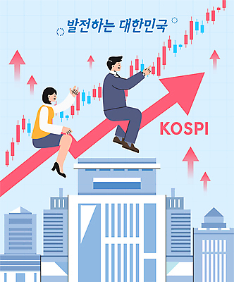 전신 여자 남자 화살표 하늘색 일러스트 회사 그래프 한국 앉기 빌딩 성인 두명 가리킴 발전 주식 상승 코스피 성인만 국내일러스트 AI파일 아시아 컨셉 비즈니스 모션 사람 손짓 건물 금융 파란색 파일형식 벡터