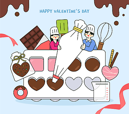 커플 여자 남자 리본 일러스트 발렌타인데이 요리사모자 선물 틀 들기 상반신 성인 두명 초콜릿 흐름 비커 만들기 거품기 막대과자 짜기 짤주머니 성인만 국내일러스트 AI파일 모자_잡화 컨셉 관계 모션 데이이벤트 주방용품 디저트 실험기구 사람 과자 요리사 제빵도구 파일형식 벡터