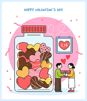 전신 커플 여자 남자 일러스트 유리병 발렌타인데이 들기 성인 두명 선물상자 초콜릿 달력 하트 주기 꽃가루 성인만 국내일러스트 AI파일 모양 관계 모션 데이이벤트 병_용기 디저트 선물 사람 상자 가루 파일형식 벡터