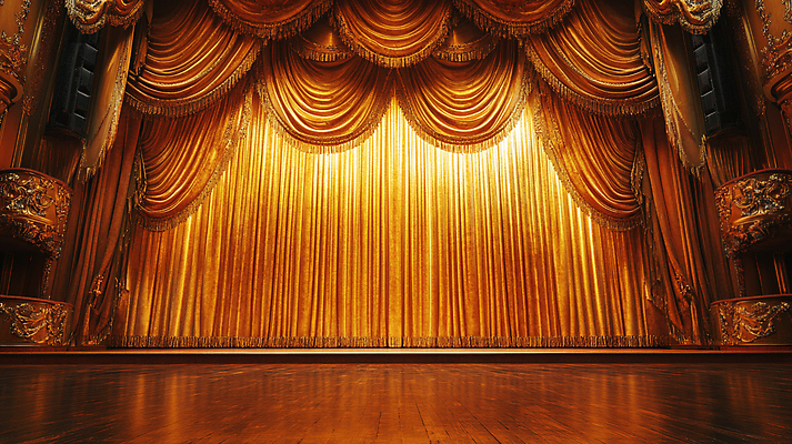 JPG 편집이미지 실내 사람없음 금색 무대 커튼 화려 천 디지털합성 질감 편집실사 AI포토 AI콘텐츠 컬러 컨셉 내부 직물 CG 파일형식