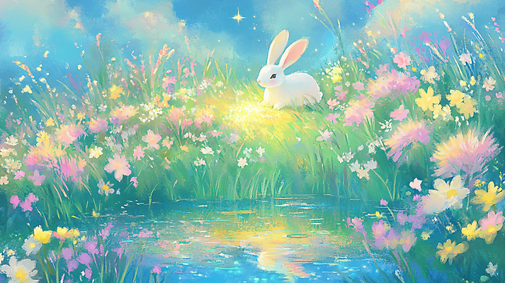 JPG 구름 꽃밭 일러스트 자연 동화 풍경 사람없음 빛 반짝임 토끼 연못 그림 국내일러스트 AI일러스트 AI콘텐츠 자연요소 꽃 포유류 모션 반려동물 생태계 파일형식
