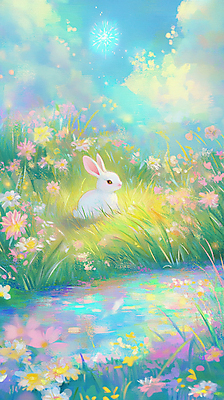JPG 구름 꽃밭 일러스트 자연 동화 풍경 사람없음 토끼 연못 그림 국내일러스트 AI일러스트 AI콘텐츠 자연요소 꽃 포유류 반려동물 생태계 파일형식