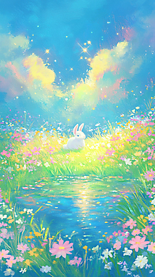 JPG 꽃밭 일러스트 자연 동화 풍경 사람없음 반짝임 토끼 연못 그림 국내일러스트 AI일러스트 AI콘텐츠 꽃 포유류 모션 반려동물 생태계 파일형식