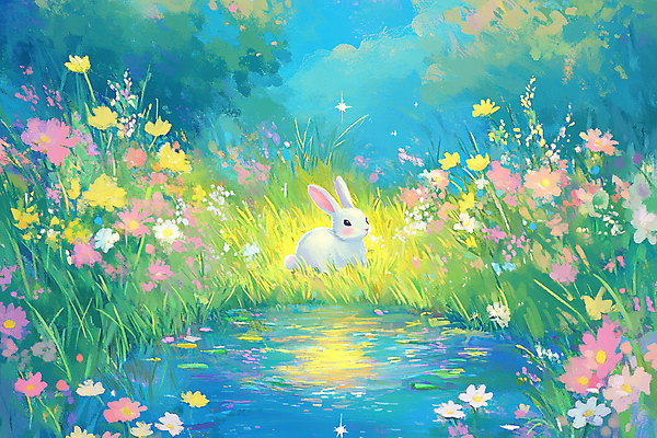 JPG 꽃밭 일러스트 자연 동화 풍경 사람없음 토끼 연못 그림 국내일러스트 AI일러스트 AI콘텐츠 꽃 포유류 반려동물 생태계 파일형식