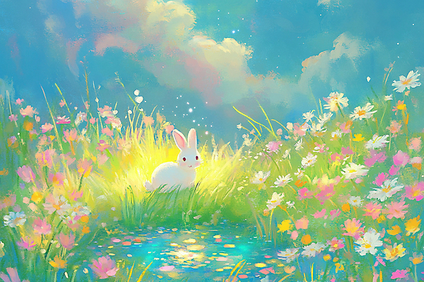 JPG 구름 꽃밭 일러스트 자연 동화 풍경 사람없음 토끼 연못 그림 국내일러스트 AI일러스트 AI콘텐츠 자연요소 꽃 포유류 반려동물 생태계 파일형식