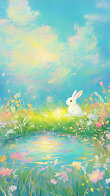 JPG 구름 꽃밭 일러스트 자연 동화 풍경 사람없음 빛 토끼 연못 그림 국내일러스트 AI일러스트 AI콘텐츠 자연요소 꽃 포유류 반려동물 생태계 파일형식