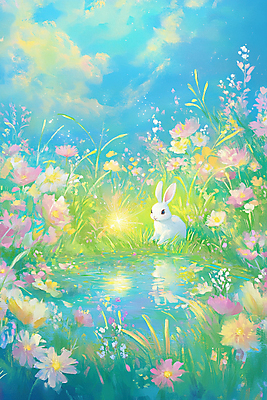 JPG 구름 꽃밭 일러스트 자연 동화 풍경 사람없음 반사 토끼 연못 그림 국내일러스트 AI일러스트 AI콘텐츠 자연요소 꽃 포유류 반려동물 생태계 파일형식