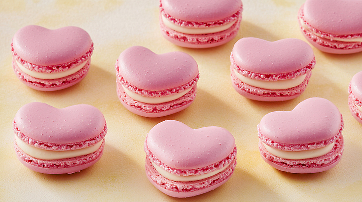 JPG 편집이미지 분홍색 사랑 사람없음 노란색 하트 일렬 마카롱 편집실사 AI포토 AI콘텐츠 모양 감정 컬러 디저트 CG 파일형식