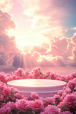 JPG 구름 편집이미지 꽃 분홍색 하늘 사람없음 햇빛 봄 포디움 편집소스 편집실사 AI컴퓨터그래픽 AI콘텐츠 자연요소 식물 계절 컬러 태양 무대 CG 파일형식