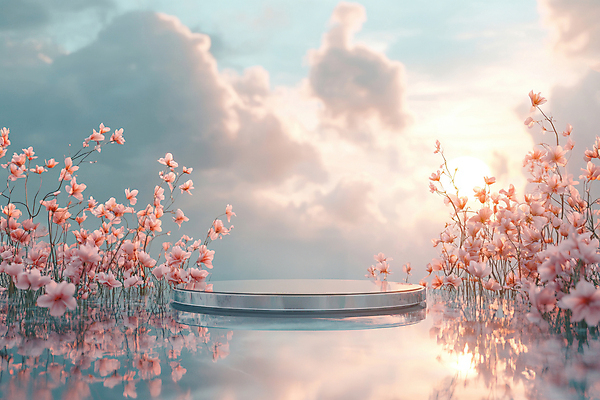 JPG 구름 편집이미지 꽃 분홍색 하늘 사람없음 햇빛 반사 봄 포디움 편집소스 편집실사 AI포토 AI콘텐츠 자연요소 식물 계절 컬러 태양 무대 CG 파일형식