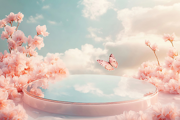 JPG 구름 편집이미지 꽃 분홍색 나비 하늘 사람없음 반사 봄 포디움 편집소스 편집실사 AI포토 AI콘텐츠 자연요소 식물 계절 컬러 곤충 무대 CG 파일형식