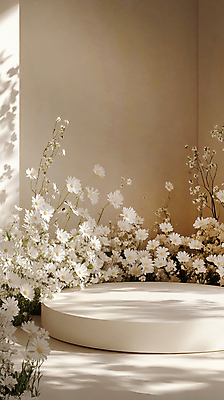 JPG 편집이미지 그림자 사람없음 빛 봄 데이지 베이지색 포디움 편집소스 편집실사 AI포토 AI콘텐츠 계절 꽃 컬러 무대 CG 파일형식