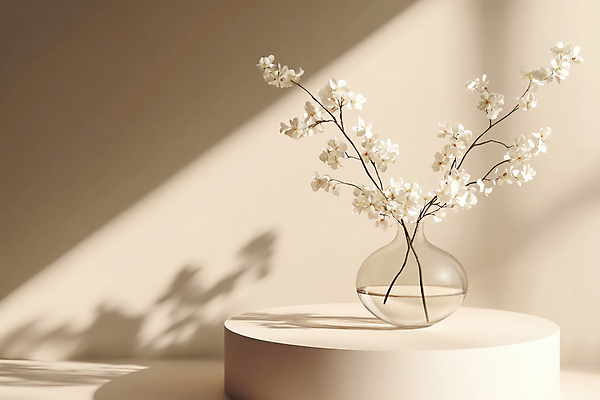 JPG 편집이미지 그림자 사람없음 빛 꽃병 봄 꽃가지 포디움 편집소스 편집실사 AI포토 AI콘텐츠 계절 꽃 무대 나뭇가지 CG 파일형식