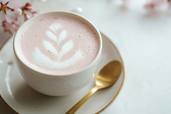 JPG 편집이미지 분홍색 사람없음 숟가락 봄 카페 벚꽃 커피잔 컵받침 따뜻한음료 라떼아트 편집실사 AI포토 AI콘텐츠 계절 꽃 커피 음료 컬러 잔 수저 상점 받침대 CG 그림 라떼 파일형식