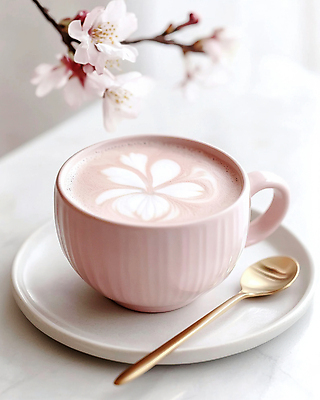 JPG 편집이미지 분홍색 사람없음 숟가락 봄 카페 벚꽃 커피잔 컵받침 대리석 따뜻한음료 라떼아트 편집실사 AI포토 AI콘텐츠 계절 꽃 커피 음료 컬러 재료 잔 수저 상점 받침대 CG 그림 라떼 파일형식