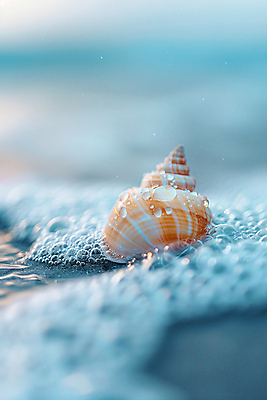 JPG 편집이미지 하늘색 자연 풍경 해변 사람없음 고요 거품 물방울 소라 힐링 감성 편집실사 AI포토 AI콘텐츠 바다 컨셉 어패류 파란색 CG 생태계 파일형식