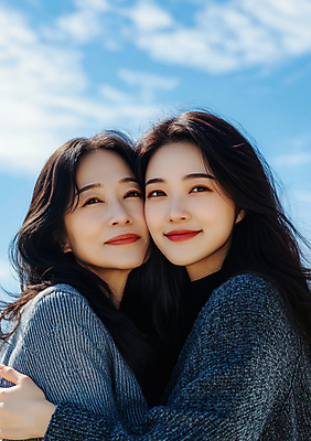 JPG 구름 편집이미지 여자 행복 중년 관계 포옹 하늘 모녀 사랑 상반신 성인 두명 편안함 스킨십 의료성형뷰티 여자만 얼굴맞대기 편집실사 AI인물포토 AI콘텐츠 자연요소 딸 감정 가족 안기 모션 엄마 사람 감각 CG 파일형식 AI포토