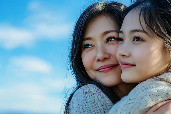JPG 구름 편집이미지 여자 행복 중년 관계 포옹 하늘 모녀 사랑 상반신 성인 두명 편안함 스킨십 의료성형뷰티 여자만 얼굴맞대기 편집실사 AI인물포토 AI콘텐츠 자연요소 딸 감정 가족 안기 모션 엄마 사람 감각 CG 파일형식 AI포토