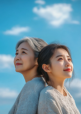 JPG 구름 편집이미지 여자 행복 중년 관계 하늘 모녀 사랑 상반신 성인 두명 올려보기 등맞대기 편안함 스킨십 의료성형뷰티 여자만 편집실사 AI인물포토 AI콘텐츠 자연요소 딸 감정 가족 모션 엄마 사람 감각 CG 파일형식 AI포토