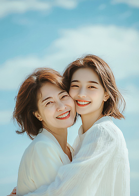 JPG 구름 편집이미지 여자 행복 중년 관계 포옹 하늘 모녀 사랑 상반신 성인 두명 편안함 스킨십 의료성형뷰티 여자만 얼굴맞대기 편집실사 AI인물포토 AI콘텐츠 자연요소 딸 감정 가족 안기 모션 엄마 사람 감각 CG 파일형식 AI포토