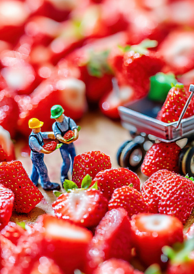 JPG 전신 편집이미지 모자 남자 과일 단면 작업복 들기 성인 두명 빨간색 수레 미니어처 성인남자만 딸기농장 편집실사 AI포토 AI콘텐츠 잡화 옷 컬러 모션 딸기 사람 농장 모형 카트 CG 남자만 성인만 파일형식