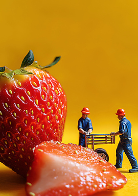 JPG 전신 편집이미지 모자 남자 과일 단면 작업복 성인 두명 빨간색 노란색 수레 미니어처 잡기 밀기 성인남자만 딸기농장 편집실사 AI포토 AI콘텐츠 잡화 옷 컬러 모션 딸기 사람 농장 모형 카트 CG 남자만 성인만 파일형식