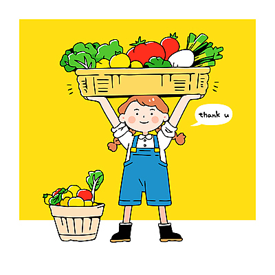 전신 여자 행복 어린이 말풍선 채소 일러스트 직업캐릭터 한명 미소 들기 소녀 농작물 노란색 바구니 신선 농부 멜빵바지 감사 땡큐 소녀한명만 일러캐릭터 AI파일 직업 캐릭터 1 감정 컬러 농업 바지 모션 표정 사람 멜빵 여자한명만 소녀만 파일형식 벡터