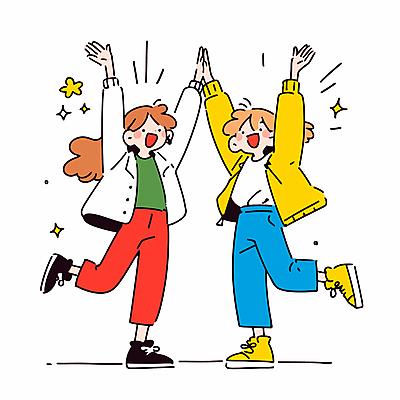 전신 여자 어린이 일러스트 소녀 두명 반짝임 손들기 우정 즐거움 하이파이브 땡큐 소녀만 국내일러스트 AI파일 감정 모션 사람 손짓 친구 여자만 어린이만 파일형식 벡터