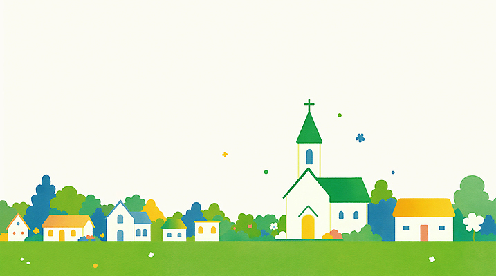 JPG 나무 꽃 기독교 십자가 일러스트 하늘 주택 풍경 잔디 사람없음 초록색 교회 마을 봄풍경 국내일러스트 AI일러스트 AI콘텐츠 식물 종교 컬러 종교건축 건물 봄 파일형식