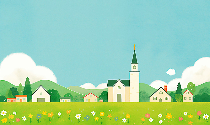 JPG 나무 구름 꽃 기독교 십자가 일러스트 하늘 주택 풍경 잔디 사람없음 교회 마을 봄풍경 국내일러스트 AI일러스트 AI콘텐츠 자연요소 식물 종교 종교건축 건물 봄 파일형식