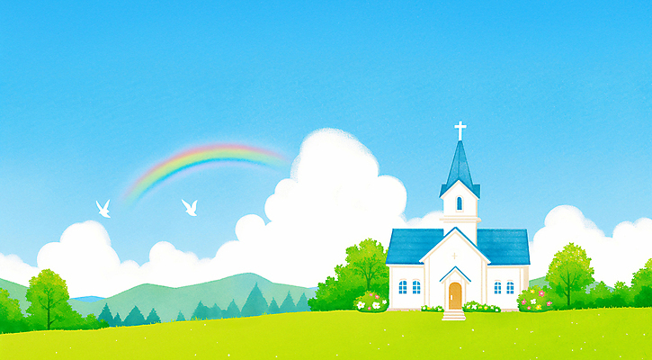 JPG 나무 구름 꽃 기독교 하늘색 십자가 무지개 일러스트 조류 하늘 산 풍경 잔디 사람없음 교회 봄풍경 풀 국내일러스트 AI일러스트 AI콘텐츠 자연요소 식물 동물 종교 종교건축 건물 파란색 봄 파일형식
