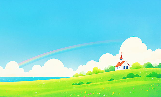 JPG 나무 구름 기독교 바다 하늘색 십자가 무지개 일러스트 하늘 풍경 잔디 사람없음 교회 봄풍경 풀 화창 국내일러스트 AI일러스트 AI콘텐츠 자연요소 식물 종교 종교건축 날씨 건물 파란색 봄 파일형식