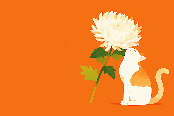 JPG 일러스트 국화 앉기 사람없음 반려동물 주황색 고양이 감성 장례 추모 반려묘 국내일러스트 AI일러스트 AI콘텐츠 동물 꽃 컬러 컨셉 포유류 모션 파일형식