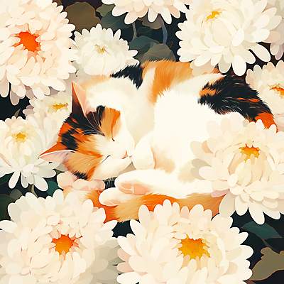 JPG 일러스트 국화 사람없음 반려동물 눈감음 고양이 감성 웅크림 장례 추모 반려묘 국내일러스트 AI일러스트 AI콘텐츠 동물 꽃 컨셉 포유류 모션 파일형식