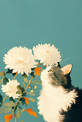 JPG 일러스트 국화 사람없음 반려동물 고양이 청록색 감성 장례 추모 반려묘 국내일러스트 AI일러스트 AI콘텐츠 동물 꽃 컬러 컨셉 포유류 파일형식