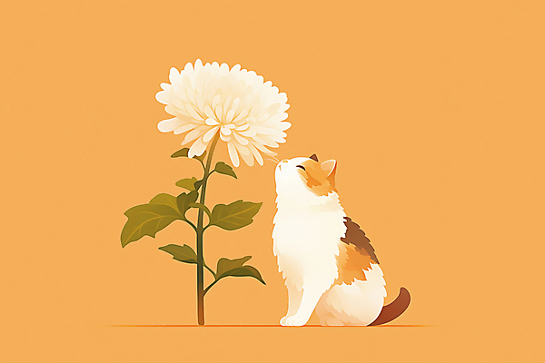 JPG 일러스트 국화 앉기 사람없음 반려동물 주황색 고양이 감성 장례 추모 반려묘 국내일러스트 AI일러스트 AI콘텐츠 동물 꽃 컬러 컨셉 포유류 모션 파일형식
