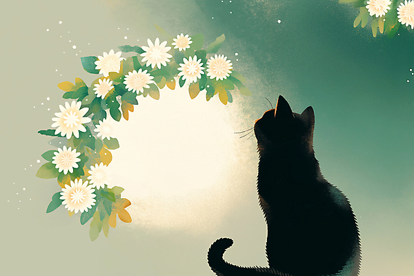 JPG 응시 일러스트 국화 앉기 사람없음 초록색 반려동물 고양이 감성 장례 추모 반려묘 국내일러스트 AI일러스트 AI콘텐츠 동물 시선 꽃 컬러 컨셉 포유류 모션 파일형식