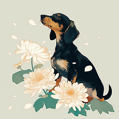 JPG 응시 일러스트 국화 앉기 사람없음 반려동물 개 감성 장례 추모 국내일러스트 반려동물장례 AI일러스트 AI콘텐츠 동물 시선 꽃 컨셉 포유류 모션 파일형식