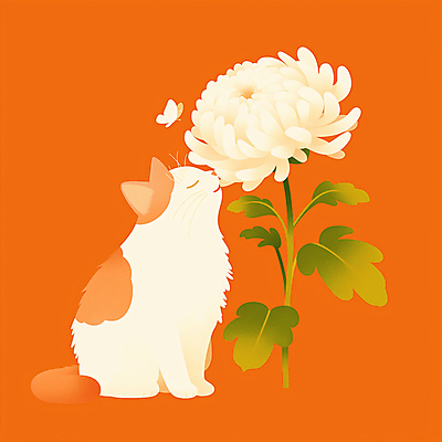 JPG 나비 일러스트 국화 앉기 사람없음 반려동물 눈감음 주황색 고양이 감성 장례 추모 반려묘 국내일러스트 AI일러스트 AI콘텐츠 동물 꽃 컬러 곤충 컨셉 포유류 모션 파일형식