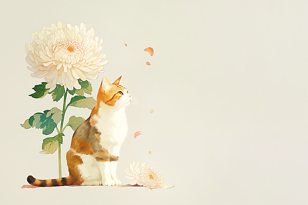 JPG 응시 일러스트 국화 앉기 사람없음 반려동물 고양이 감성 장례 추모 반려묘 국내일러스트 AI일러스트 AI콘텐츠 동물 시선 꽃 컨셉 포유류 모션 파일형식