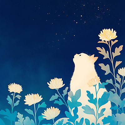 JPG 응시 일러스트 밤하늘 국화 앉기 사람없음 반려동물 고양이 남색 감성 장례 추모 반려묘 국내일러스트 AI일러스트 AI콘텐츠 동물 시선 꽃 컬러 컨셉 포유류 모션 하늘 야간 파일형식