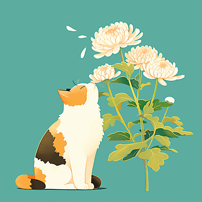 JPG 일러스트 국화 앉기 사람없음 반려동물 고양이 청록색 감성 장례 추모 반려묘 국내일러스트 AI일러스트 AI콘텐츠 동물 꽃 컬러 컨셉 포유류 모션 파일형식